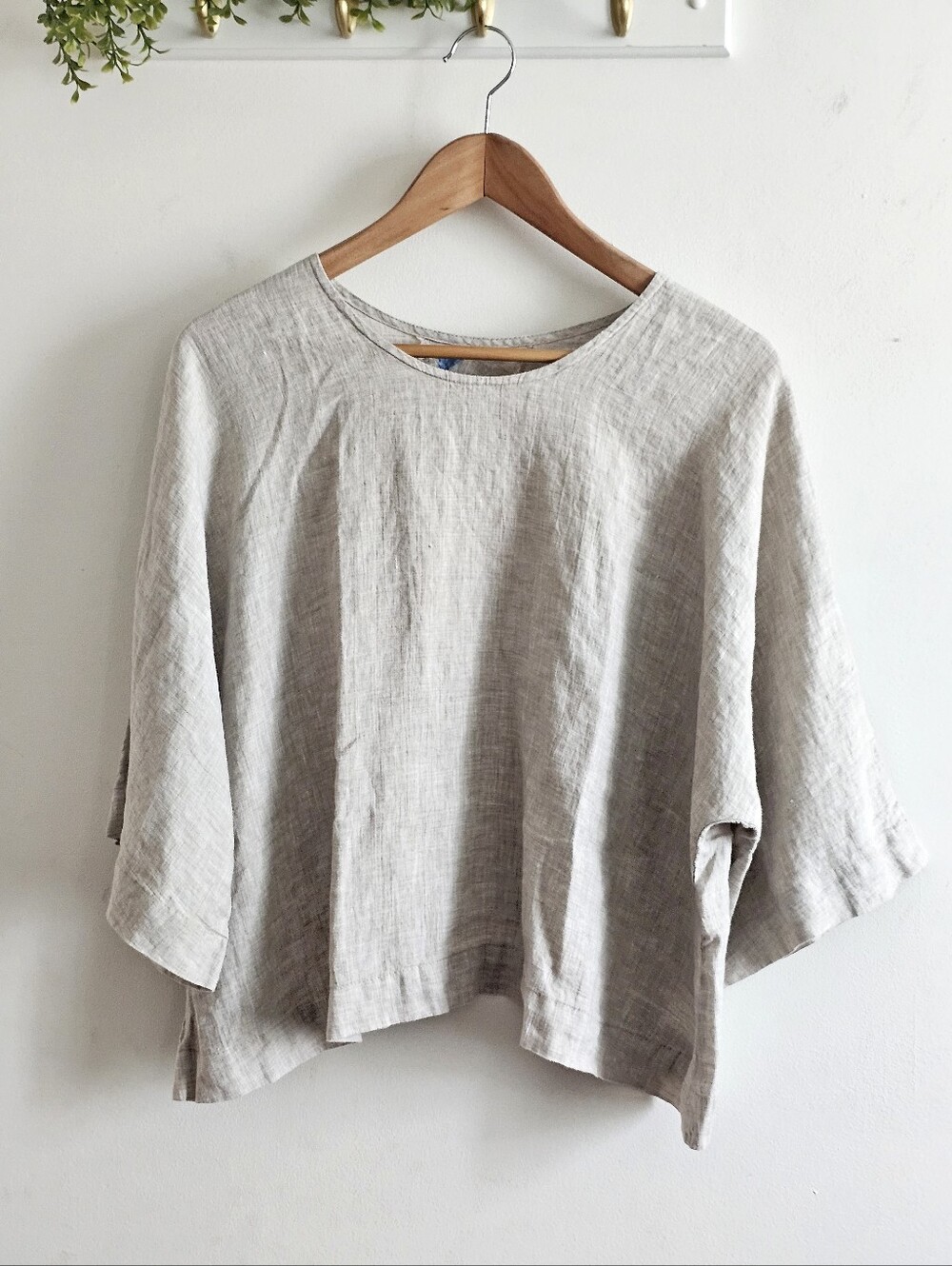 Yuvita 100% Linen Flax Beige Boxy Crop Top 3/4 Bell Sleeve Women's Small Boho